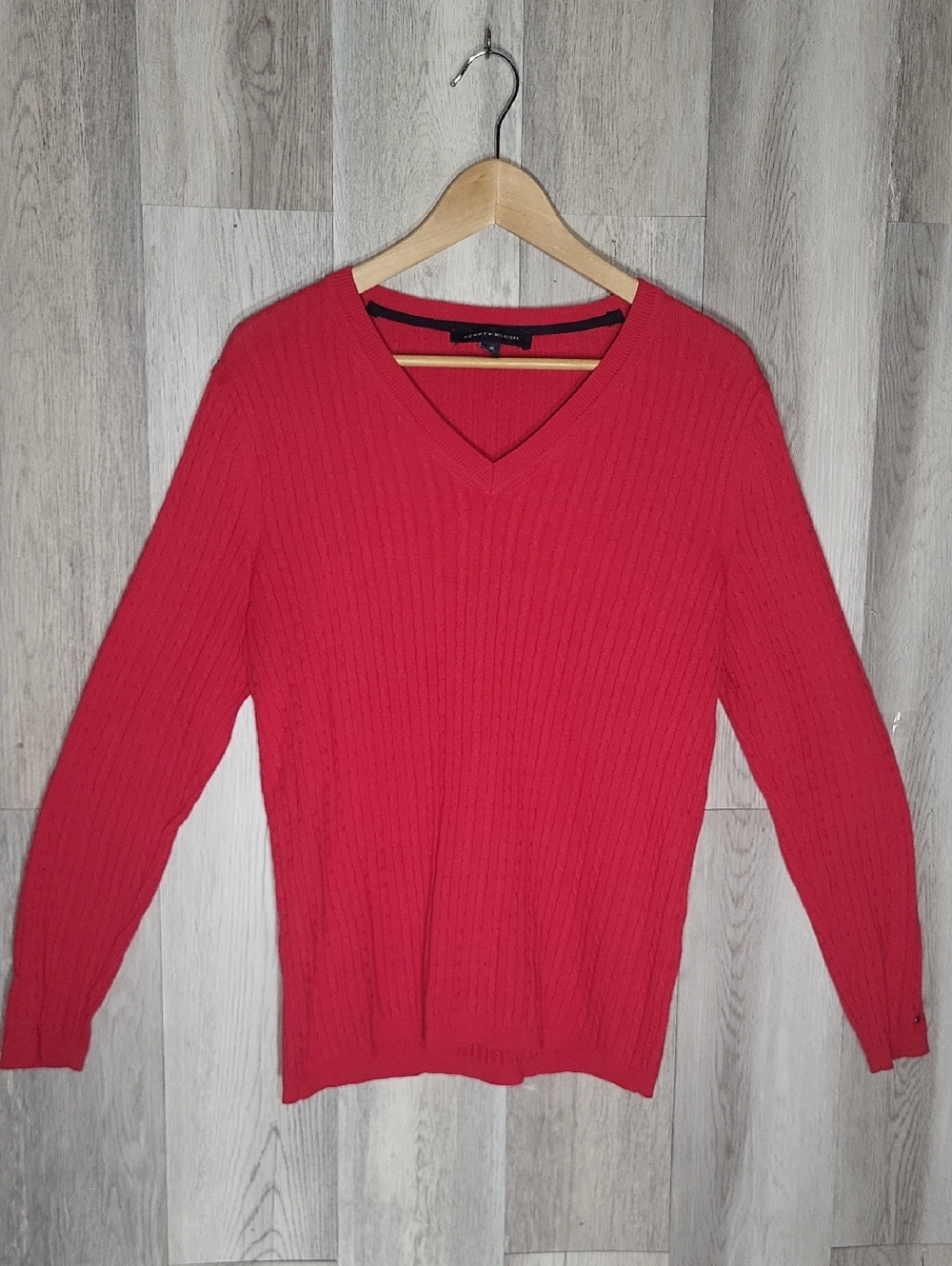 Tommy Hilfiger Cable Knit Cotton Sweater Womens Large V Neck Classic Preppy